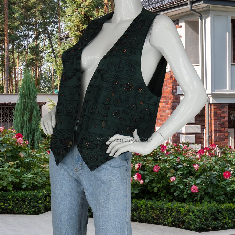 Vintage India Boho Paisley Embroidered Green Vest L